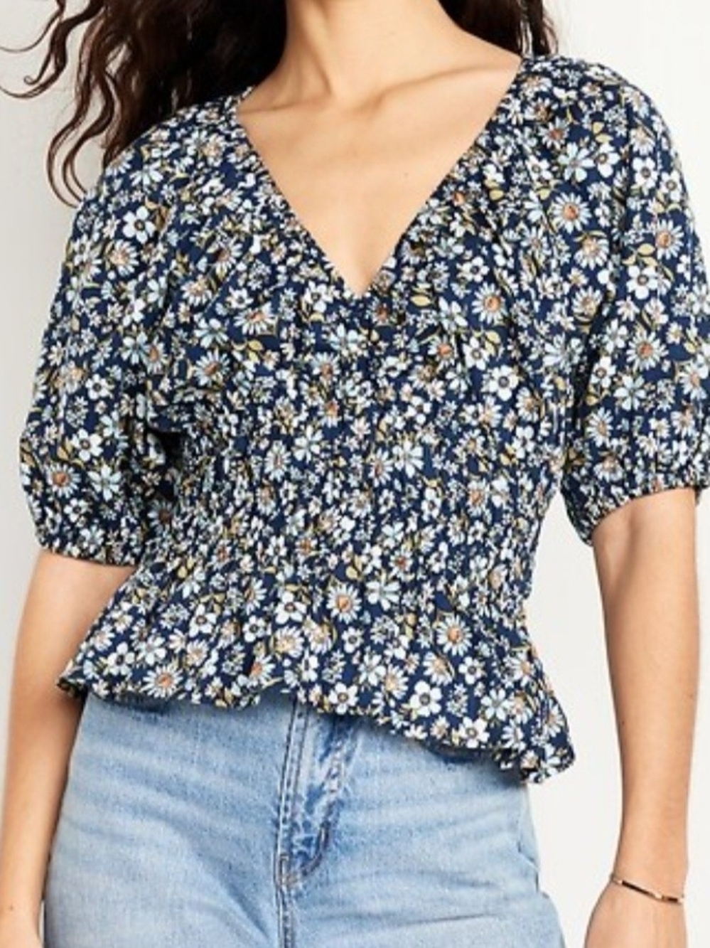 Old Navy Navy Floral V-Neck Smocked Peplum Blouse